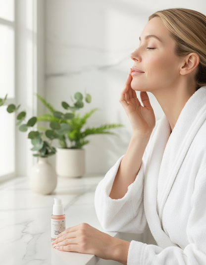 Femme en peignoir spa avec le sérum