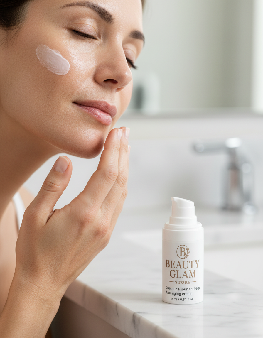 Femme massant la crème sur son visage