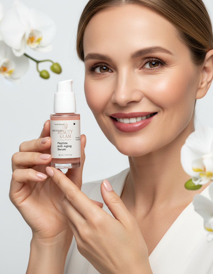 Femme présentant le flacon - sans pipette