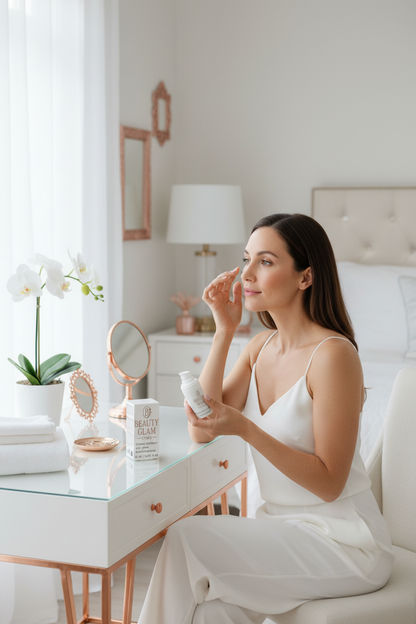 Femme à sa coiffeuse avec votre produit