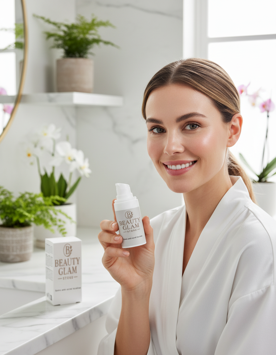 Femme tenant le produit anti-acné