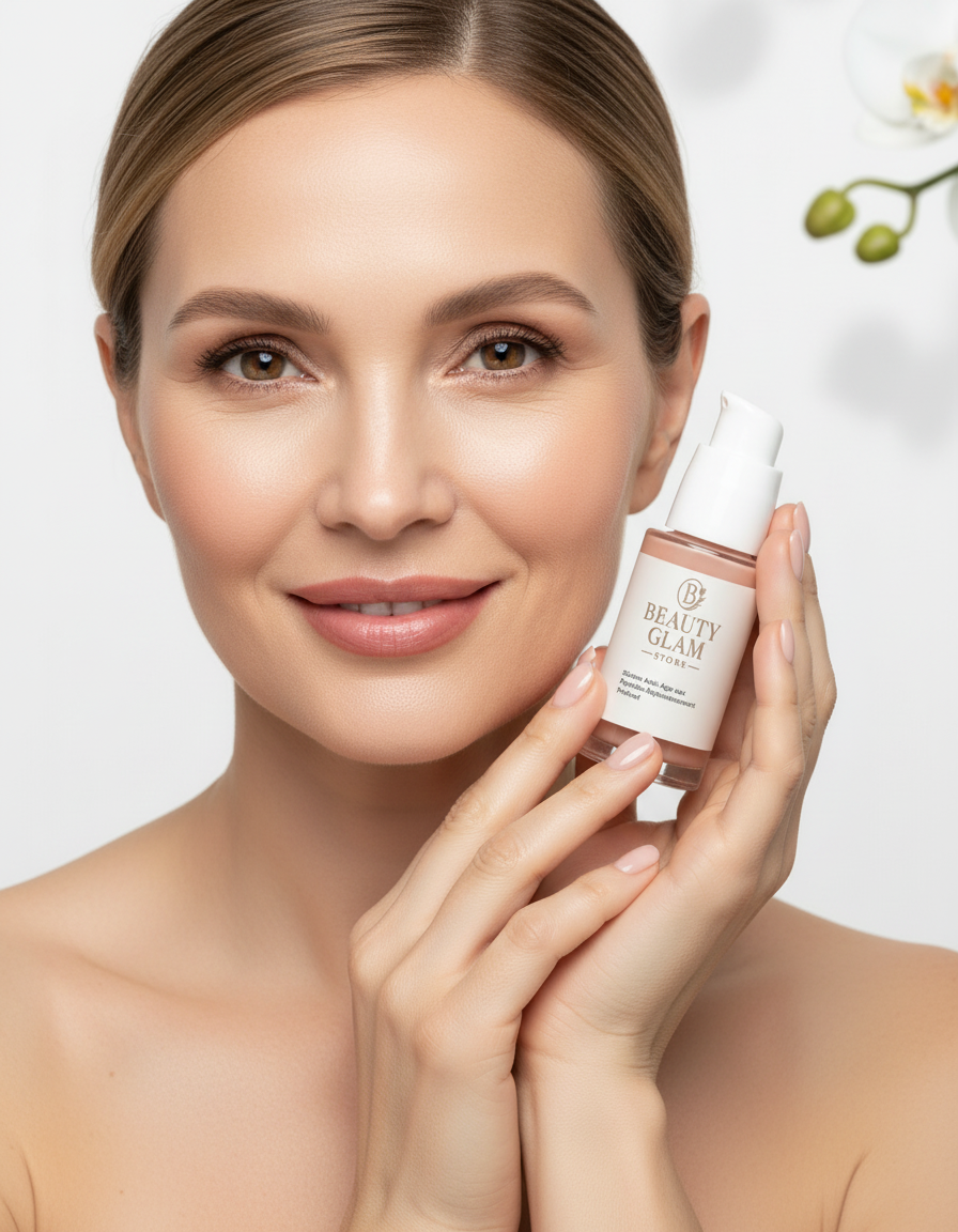 Femme tenant le sérum près de sa joue