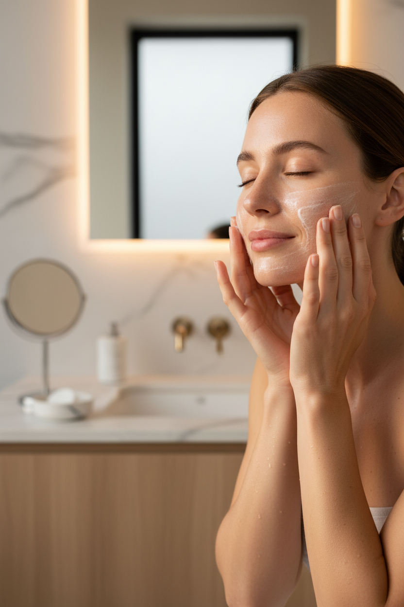 Femme utilisant le nettoyant huile-en-lait