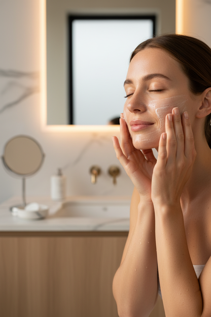 Femme utilisant le nettoyant huile-en-lait